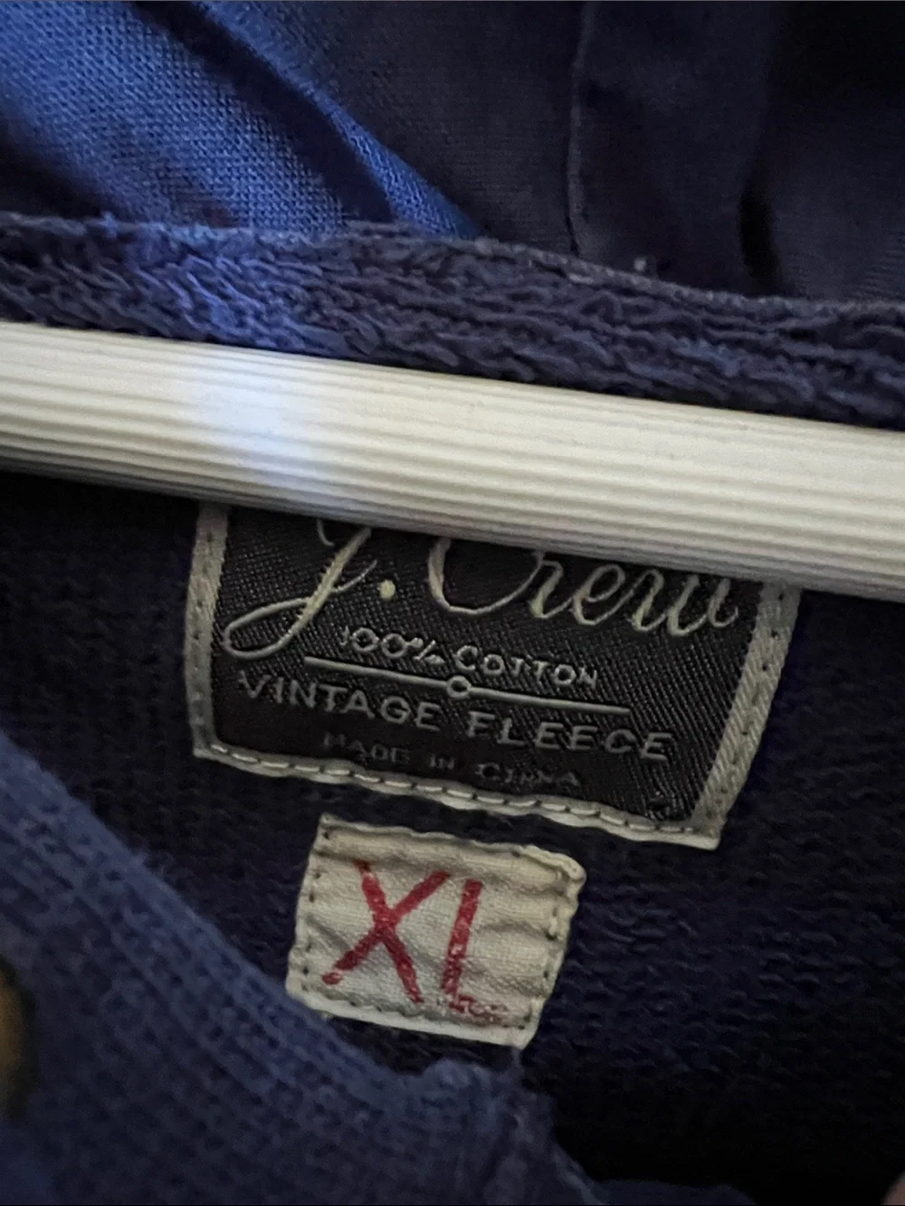 J. Crew Vintage 100% Cotton Fleece Hoodie Navy, Unisex/Mens XL - FLAWED